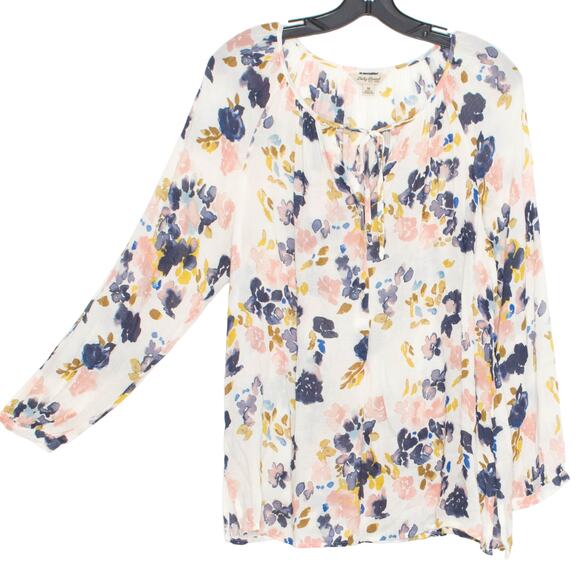 Lucky Brand Womens Top Tie Neck Button Floral Gauzy Beachy Watercolor Medium EE - Picture 1 of 9